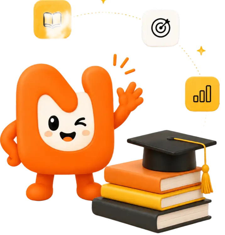Maskot Nexa Mentor dengan buku dan topi wisuda