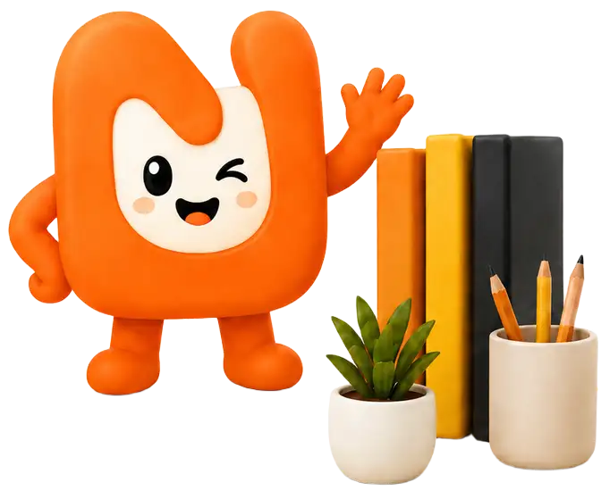 Maskot Nexa Mentor dengan buku, tanaman, dan perlengkapan belajar